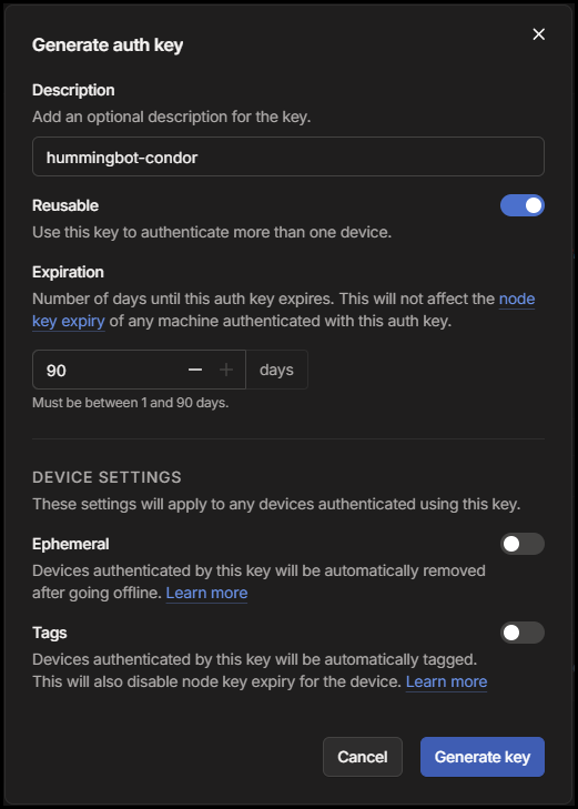 Tailscale admin — Settings → Keys 