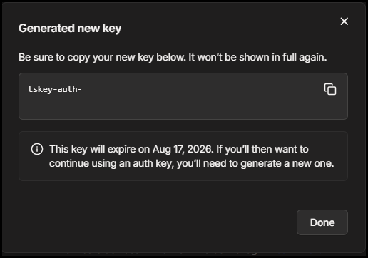 Generated Tailscale auth key dialog 